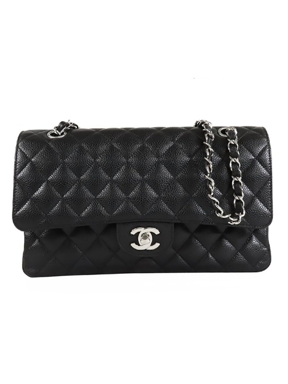 Chanel Classic Black Silver Caviar Leather Quilted 25 Double Flap Bag Chain